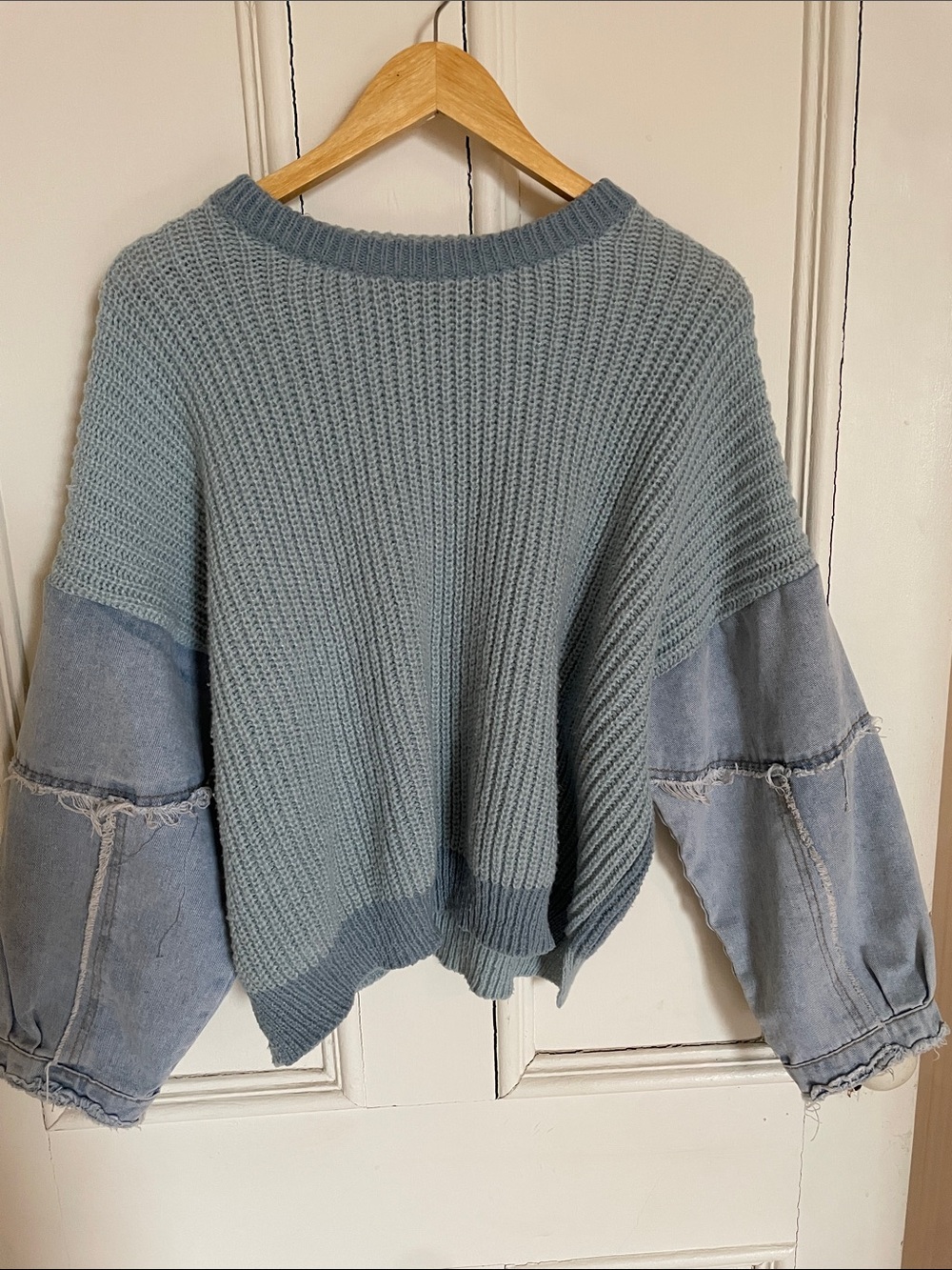 debut Light Blue Knit Sweater with Denim Sleeve Panels
